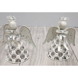 Metal White Angel with Wings Beaded Ornaments Christmas Set of 2"